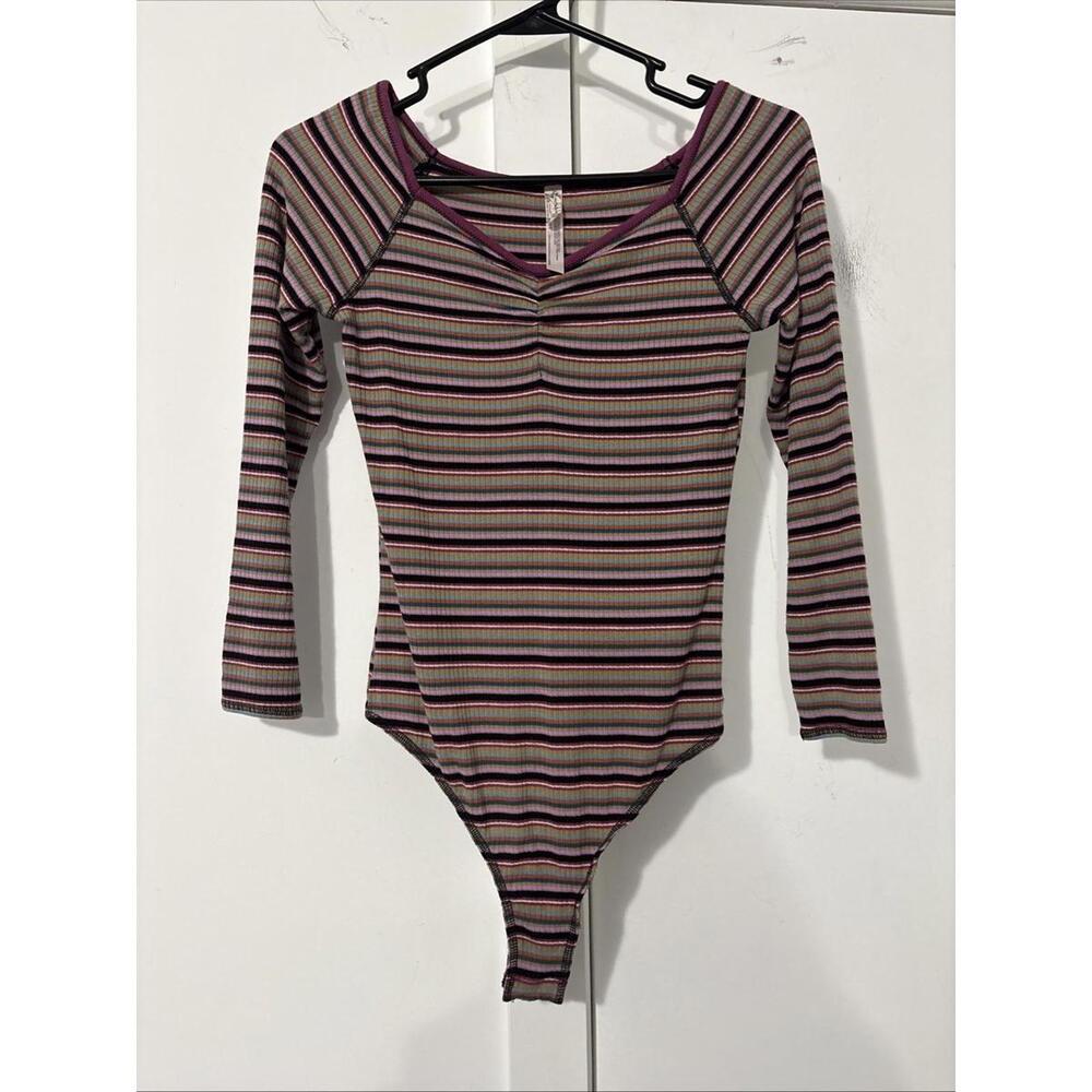 Free People Pink Striped 53% Rayon/40% Polyester/7% Spandex Bodysuit Size S New